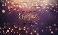 Gold Merry Christmas Text on red glitter background with Xmas decorations glowing garlands, light, stars Royalty Free Stock Photo