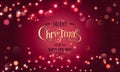 Gold Merry Christmas Text on red glitter background with Xmas decorations glowing garlands, light, stars, bokeh.