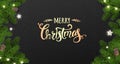 Gold Merry Christmas Typographical on black background with tree branches, gift boxes, stars, pine cones. Xmas and New Year theme Royalty Free Stock Photo