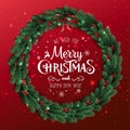 Gold Merry Christmas Typographical on red background with Christmas wreath of tree branches, berries, lights, bokeh. Royalty Free Stock Photo