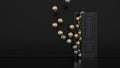 Gold and metal balloons fly away through open door in office interior. Multi-colored balls pouring out of the open black doors Royalty Free Stock Photo