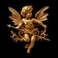 Gold metal decorative cupid isolated on black background, beautiful Baroque golden cupid with ornaments