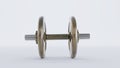 gold metal dumbbells over white background, Gym, fitness and sports equipment symbol,