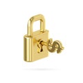 Gold metal locked padlock icon. Golden key with a dollar sign inserted in a keyhole isolate on white background. Concept money is