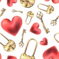 Gold metal padlock with a hole and key heart shape, red hearts. Hand drawn watercolor illustration. Seamless pattern on Royalty Free Stock Photo