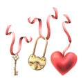 Gold metal padlock with a hole, key heart shape and heart red suspended on red ribbons. Hand drawn watercolor Royalty Free Stock Photo