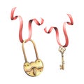 Gold metal padlock with a hole, key heart shape and suspended on red ribbons. Hand drawn watercolor illustration. Set of Royalty Free Stock Photo