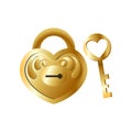 Gold metal padlock with ornament and heart shape key Royalty Free Stock Photo