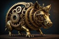 Gold metal piggy bank with gears and cogwheels on a dark background. generative ai