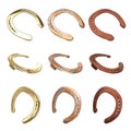 Gold metal, rust mixed and rust plain horseshoes different views isolated on white background collection