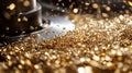 Gold Metal Shavings Flying From Machine During Production Royalty Free Stock Photo