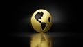 gold metal symbol of globe Americas 3D rendering with blurry reflection on floor with dark background Royalty Free Stock Photo