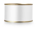 Gold metal tin can with white label isolated on white background Royalty Free Stock Photo