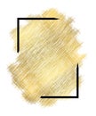 Gold metall texture, black frame. Golden color paint stroke isolated white background. Glitter stain design bright