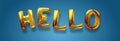 Gold metallic balloon font of upper case letters HELLO golden art. realistic isolated golden balloon text of Hello