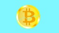 Gold metallic bright shimmering yellow volumetric cracked coin bitcoin. Obverse of a broken bitcoin coin on a blue background. The