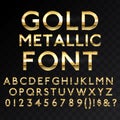 Gold metallic glossy vector font or gold style alphabet. Yellow metal typeface. Metallic golden abc, alphabet