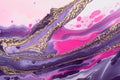 Gold metallic waves on neon pink and purple swirls. Fluid Art. Marble effect background or texture Royalty Free Stock Photo