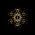 Gold Metatrons Cube, Flower of Life. Sacred geometry, golden graphic element Vector isolated on black background.