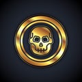 Gold Mexican skull coin icon isolated on black background. Vector