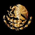 Gold Mexico coat of arms, seal, national emblem, isolated on black.