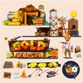 Gold mine with graphic elements. Miner character design. gold ru