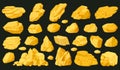 Gold mine nuggets, cartoon golden shiny stones. Yellow golden jewel nuggets vector symbols illustration set. Golden treasure rocks Royalty Free Stock Photo