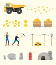 Gold mining set collection objects with people and other tools - vector illustration