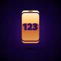 Gold Mobile calculator smartphone interface icon isolated on black background. Mathematical application on phone display