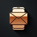 Gold Mobile and envelope, new message, mail icon isolated on black background. Usage for e-mail newsletters, headers