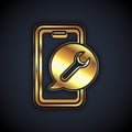 Gold Mobile phone with wrench icon isolated on black background. Adjusting, service, setting, maintenance, repair