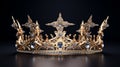 A gold monarch crown set against a simple backdrop. embellished with priceless stones. It represents the renown of a kingdom