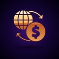 Gold Money exchange icon isolated on black background. Euro and Dollar cash transfer symbol. Banking currency sign Royalty Free Stock Photo