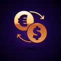 Gold Money exchange icon isolated on black background. Euro and Dollar cash transfer symbol. Banking currency sign Royalty Free Stock Photo