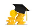 Gold money with graduation cap. Saving scholarship in college. Finance investment in education. Stack of coins payment for