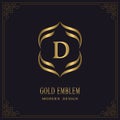 Gold Monogram. Letter D. Graceful Emblem Template. Simple Logo Design for Luxury Crest, Royalty, Business Card, Boutique, Hotel,