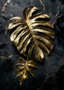 Gold monstera on black marble