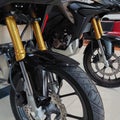 gold motorbike front shock and disc brake system Royalty Free Stock Photo