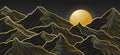 Gold mountains. Line art luxury background. Abstract hill relief, black and golden, nature, sun on map, foil texture