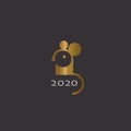 Gold mouse symbol of 2020 year on the black background. Chinese animal zodiac new year greeting card. Cute mice icon logo design. Royalty Free Stock Photo