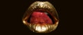 Gold mouth. Imprint lips. Luxury gold lips lipstick. Sexy and sensual woman mouth. Isolated woman golden mouth with