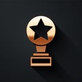 Gold Movie trophy icon isolated on black background. Academy award icon. Films and cinema symbol. Long shadow style