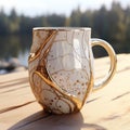 Super Realistic 3d White And Gold Tea Mug With Organic Contours