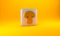 Gold Mushroom icon isolated on yellow background. Silver square button. 3D render illustration