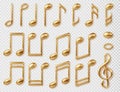 Gold music notes 3d symbols set. Vector realistic icon collection of classic music symbol isolated on transparent Royalty Free Stock Photo