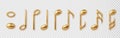 Gold Music notes isolated 3d icons set. Vector realistic metallic note symbols isolated on transparent background. Royalty Free Stock Photo