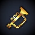 Gold Musical instrument trumpet icon isolated on black background. Vector Royalty Free Stock Photo