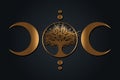 Gold Mystical Moon, tree of life Wicca sign. Sacred geometry. Golden luxury Logo, Crescent moon, half moon pagan Wiccan triple god