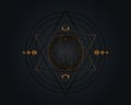 Gold Mystical sacred geometry symbol. alchemy magic wireframe sphere, occult, philosophical sign. For music album cover,