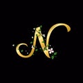 Gold N letter with flowers, alphabet illustration on black
